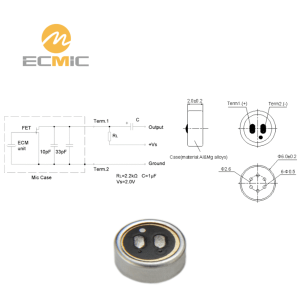 ECM-B6020AL34-344 microphone circuit diagram and dimensions, showing key components and size
