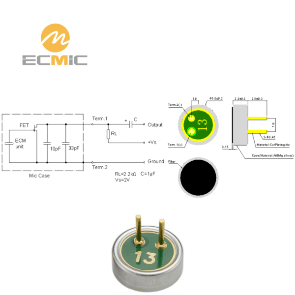 ECM-B6022AP2.8-44 microphone circuit diagram and dimensions, showing key components and size