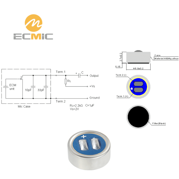 ECM-B6027AL30-331 microphone circuit diagram and dimensions, showing key components and size
