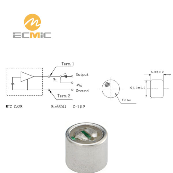ECM-B6050UL-B microphone circuit diagram and dimensions, showing key components and size