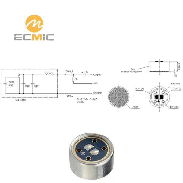 ECM-921U microphone circuit diagram and dimensions, showing key components and size