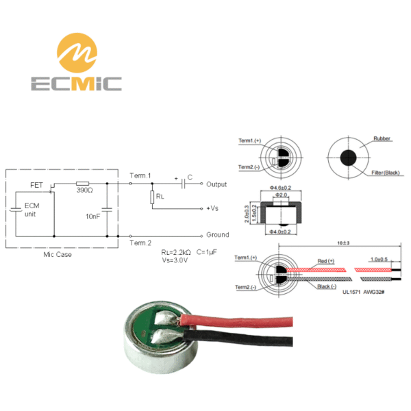 ECM-B4015AL38RC-L10 microphone circuit diagram and dimensions, showing key components and size