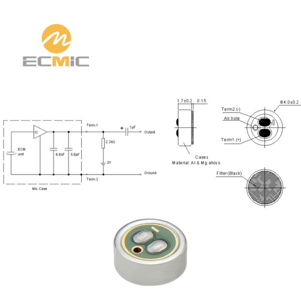 ECM-B4017UL44-24742 microphone circuit diagram and dimensions, showing key components and size