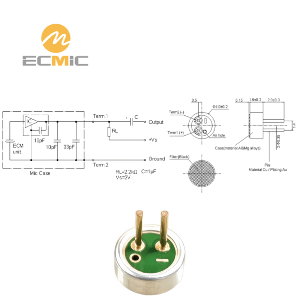 ECM-B4015UP40-474 microphone circuit diagram and dimensions, showing key components and size