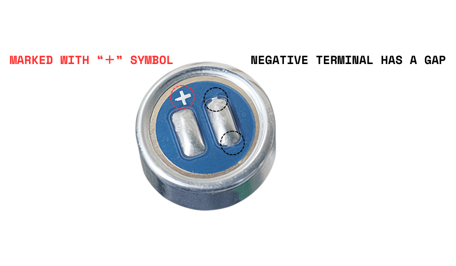 Electret microphone polarity: positive terminal marked with plus sign, negative terminal has gap