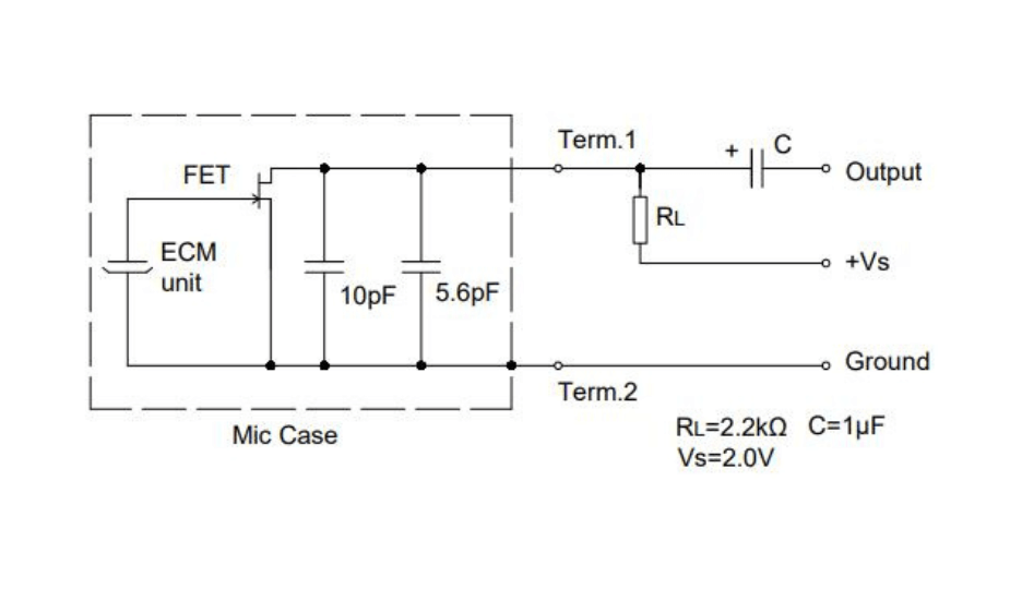 Example circuit showing how to power an electret microphone with a 2.2K resistor and 2V DC bias.