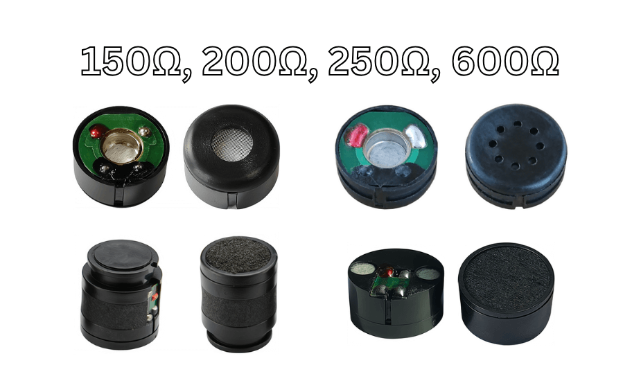 Dynamic microphone capsules of various sizes and styles with impedance values 150Ω, 200Ω, 250Ω, and 600Ω.