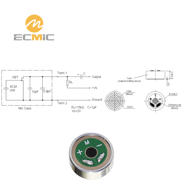 Diagrama de circuito e dimensões do microfone ECM-B1463UML35-750, mostrando os principais componentes e o tamanho