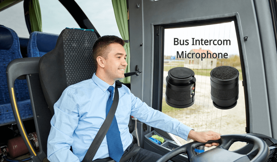 Bus intercom microphone in a bus driver cabin