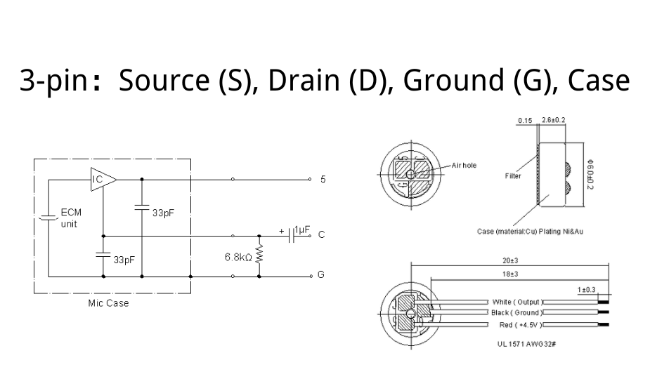 Schéma de câblage du microphone à électret à 3 broches (sortie source)