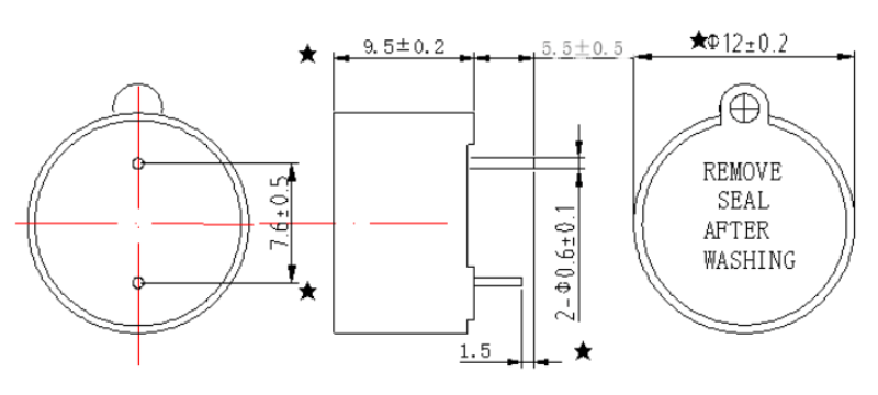 Dimensiones del zumbador electromagnético: Φ12,0 × 9,5 mm con separación entre pines