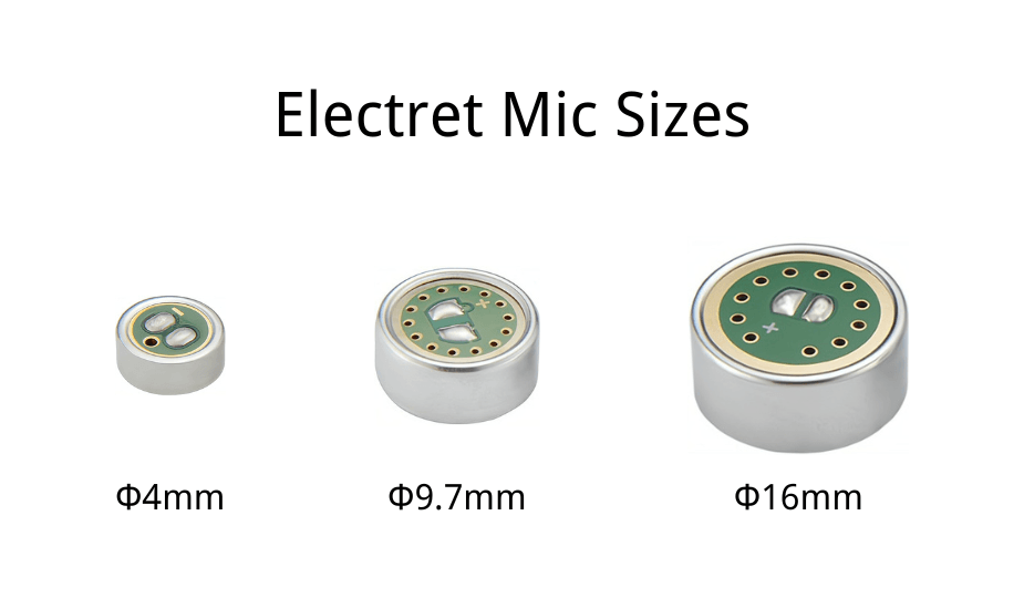 Electret microphone capsules showing small, medium, and large sizes for comparison