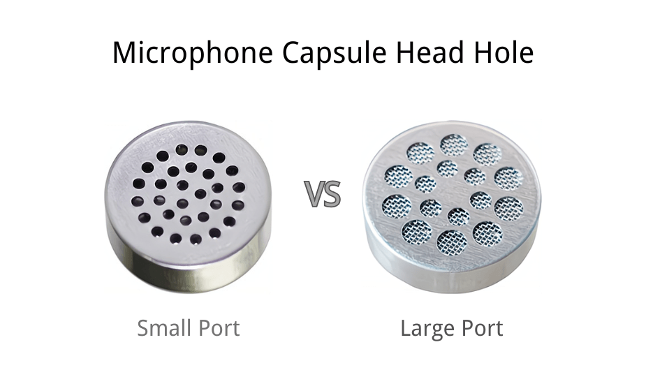 Capsule de microphone à électret montrant les ports acoustiques de petite et de grande taille avec comparaison de la taille du diaphragme