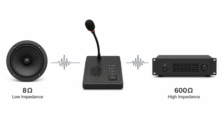 産業用通信システム向け8Ω低インピーダンス・スピーカーと600Ω高インピーダンス・レシーバーの比較